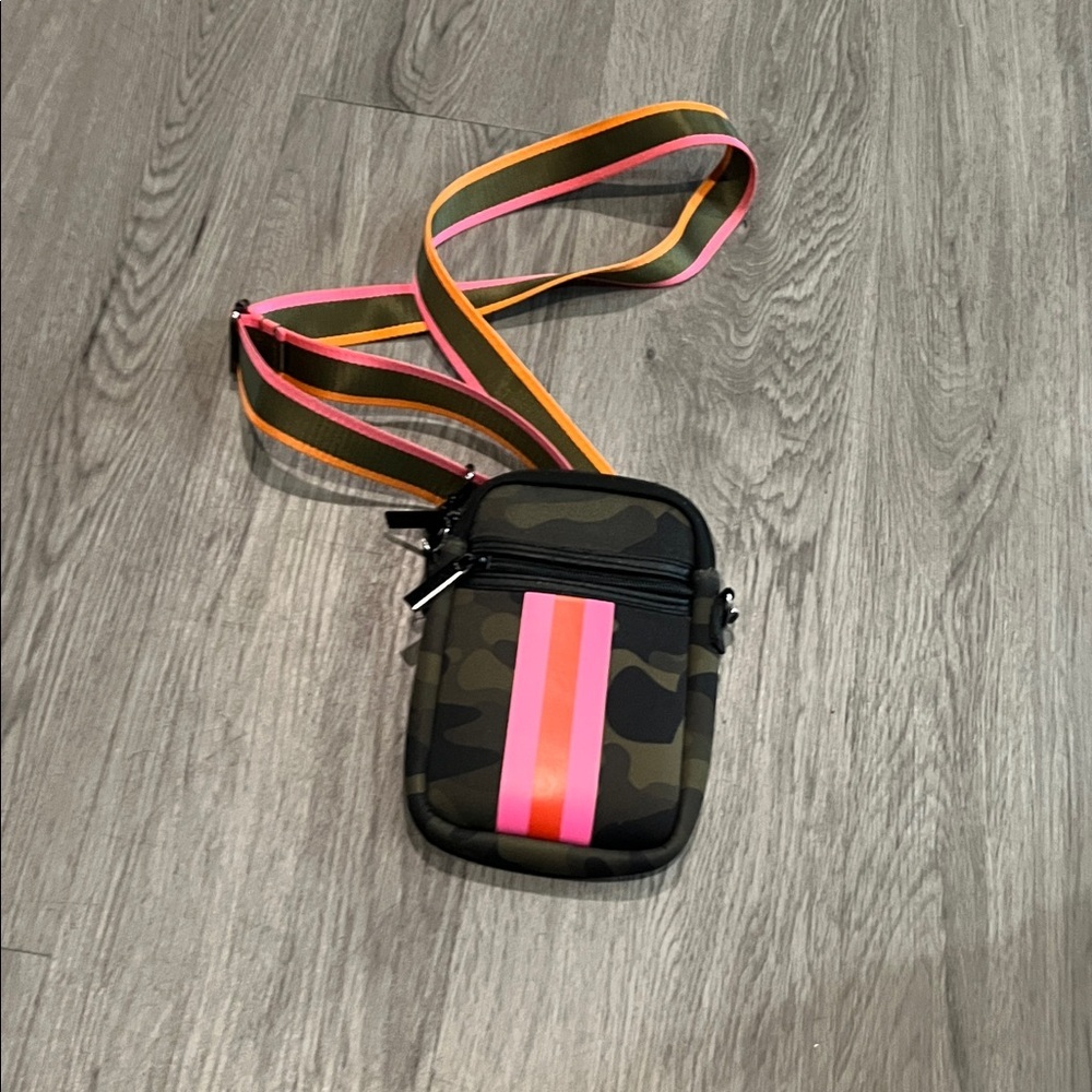 Haute Shore crossbody camouflage bag with pink accents!